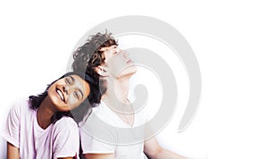 Best friends teenage girl and boy together having fun, posing emotional on white background, couple happy smiling