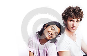 Best friends teenage girl and boy together having fun, posing emotional on white background, couple happy smiling