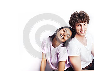 Best friends teenage girl and boy together having fun, posing emotional on white background, couple happy smiling