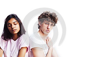 Best friends teenage girl and boy together having fun, posing emotional on white background, couple happy smiling