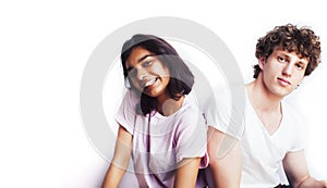 Best friends teenage girl and boy together having fun, posing emotional on white background, couple happy smiling