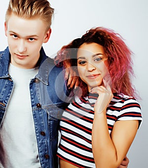 Best friends teenage girl and boy together having fun, posing emotional on white background, couple happy smiling