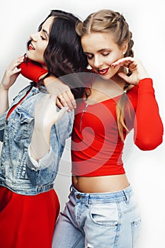 Best friends teenage girls together having fun, posing emotional on white background, besties happy smiling, lifestyle