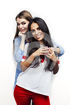 Best friends teenage girls together having fun, posing emotional on white background, besties happy smiling, lifestyle