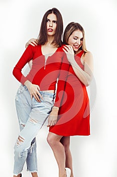 Best friends teenage girls together having fun, posing emotional on white background, besties happy smiling, lifestyle