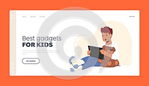 Best Gadgets for Kids Landing Page Template. Relaxed Boy with Tablet Pc Watching Movies or Studying Online, Education