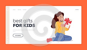 Best Gifts for Kids Landing Page Template. Kid Unboxing Birthday or Christmas Present. Excited Girl Opening Gift Box