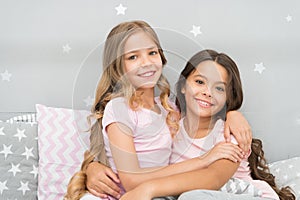 Best girls sleepover party ideas. Soulmates girls having fun sleepover party. Childhood friendship concept. Girls happy