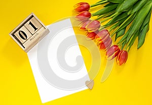 Best greetings for 1 March. Concept of greeting card with bouquet of red tulip buttons, wooden cubic calendar, heart and sheet of