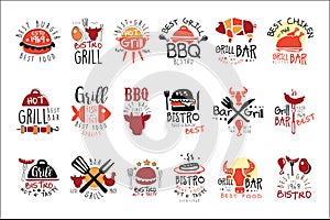 Best Grill Bar Promo Signs Set Of Colorful Vector Design Templates With Food Silhouettes