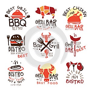 Best Grill Bar Promo Signs Set Of Colorful Vector Design Templates With Food Silhouettes