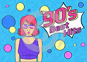 Best hits of 90s illistration with disco woman wearing glasses and pink hair on blue background