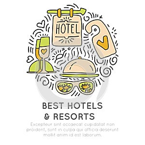 Best Hotel and resortes vector icon concept. champagne glasses, hotel attribute hand draw cartooning style, in one round