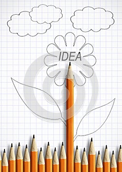 Best idea creativity concept, pencil with leaves as flower