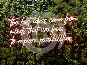 `The best ideas come from minds that are free to explore possibilities` quote - Neon cool inspiring quote