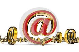 The best internet address (@). A single red & golden email symbol surrounded by many gray & gold e-mail symbols