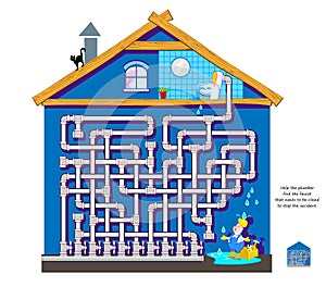 Best labyrinths. Help the plumber find the faucet that needs to be closed to stop the accident. Logic puzzle game. Brain teaser photo