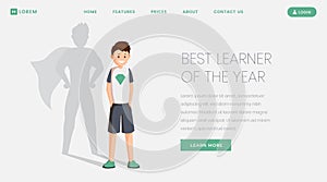 Best learner landing page vector template. Best student, excellent schoolkid of year website, webpage. Happy schoolboy