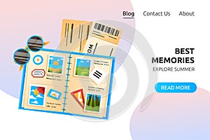 Best memories web page design. Travel album with photos and luggage stickers vector cartoon illustration.