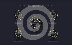 The best modern luxury CIRCLEs buttons Flowchart design. with Five levels of Processes for Finace and Business concept chart. Step