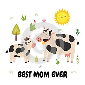 Best mom ever print with a cute mother cow and her baby calf