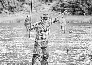 Best moment. mature man fishing. summer weekend. fisherman with fishing rod. pothunter. man catching fish. retired