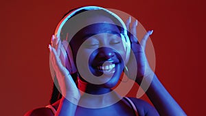 best music happy black woman enjoying stereo sound