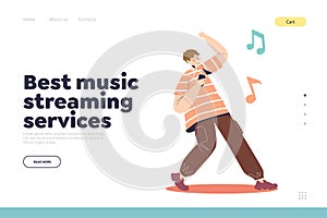 Best music streaming services landing page with boy listen song in earphones from mobile phone