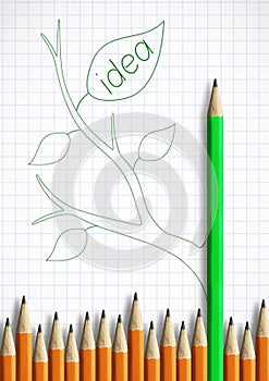 Best new ideas creativity concept, pencil with leaves as stem