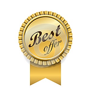 Best offer award ribbon icon. Gold sign isolated white background. Golden badge choice reward. Symbol win celebration