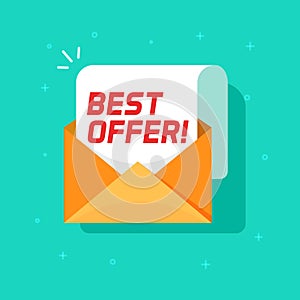 Best offer email message vector icon, flat cartoon open envelope with sale promotion text symbol isolated image