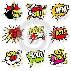 Best offer and sale promotional vector collection of pop art cartoon speech bubbles