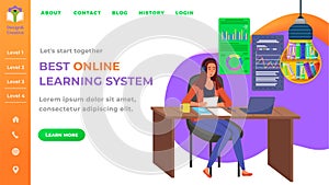 Best online learning system website template. Woman with laptop studying with training service