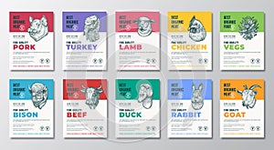Best Organic Meat, Poultry, Herbs and Vegetables Vector Label Packaging Templates Set. Farm Grown Products Banners Hand