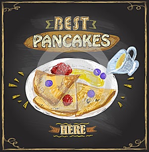 Best pancakes here, vector poster with pancakes served with berries