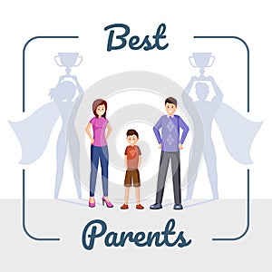 Best parents flat vector illustration. Happy family, mother and father with superhero shadow cartoon characters in frame