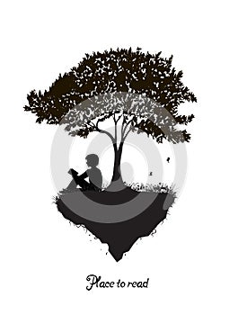 Best place to read concept, boy reading under the big tree, park scene in black and white, childhood memories, shadow
