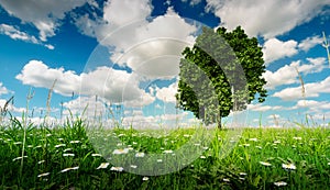 The best place for your new home. Land for sale concept. 3d illustration of a tree in a fresh spring meadow under a beautiful blu