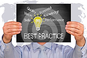 Best Practice - Manager holding sign with light bulb and text