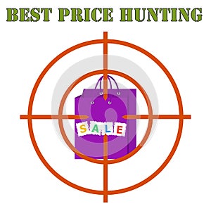 Best price hunting banner. Sales bag at gunpoint on the white background.