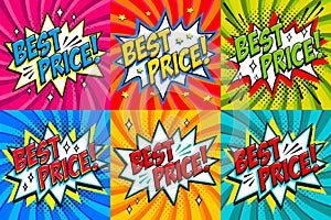 Best Price Labels. Comic book style stickers. Sale banners in pop art comic style. Color summer banners in pop art style