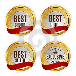 Best Price, Seller, Choice and Exclusive offer Golden Shiny Label with Red Ribbon Sign Collection Set. Vector