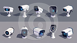 The best realistic 3d modern illustration set of security camera, CCTV video camera, street observe surveillance photo