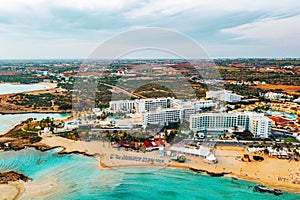 The best resort area of Cyprus, Nissi beach, the hotels, gulfs, parks.