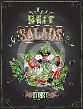 Best salads here, chalkboard menu with greek salad photo