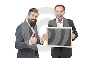 Best sale ever. Happy teachers hold blackboard isolated on white. Back to school sale. Sale and deal. Thumbs ups to low