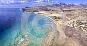 Best scenic beaches of Fuerteventura island - Sotavento. Canaries, aerial drone view