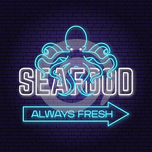 Best seafood. Fresh octopus neon sign. Vector illustration. For seafood emblem, sign, patch, shirt, menu restaurants