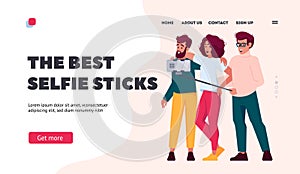 The Best Selfie Sticks Landing Page Template. Group Of Friends Taking Selfie, Laughing, Smiling, Having Fun Together
