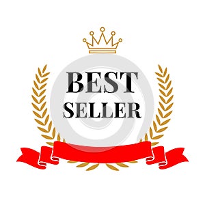 Best seller golden laurel wreath with crown, red ribbon and black text. Vector quality badge, emblem, reward or